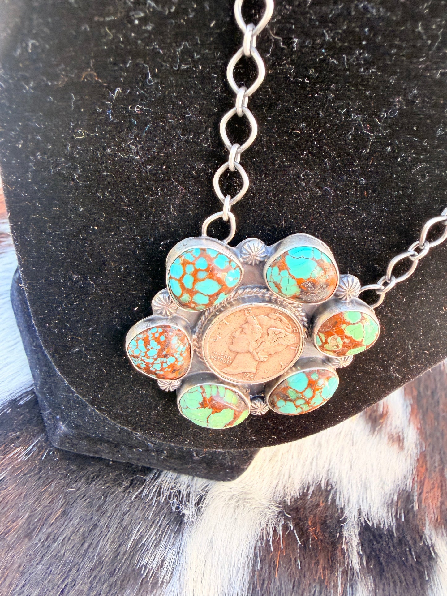 Handcrafted Number 8 Turquoise & Sterling Silver Liberty Dime Necklace by Sheila Tso