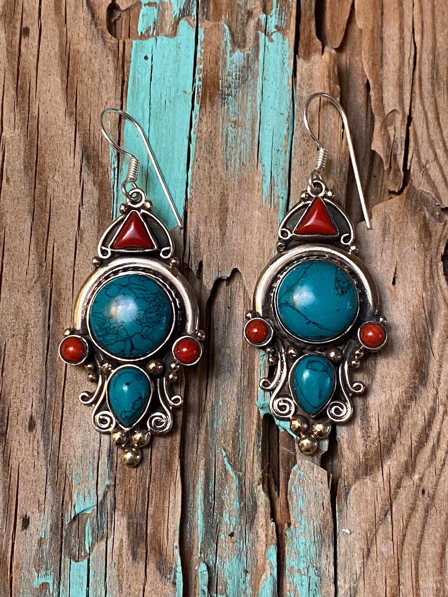 Elegant Turquoise Color & Red Accent Dangle Earrings