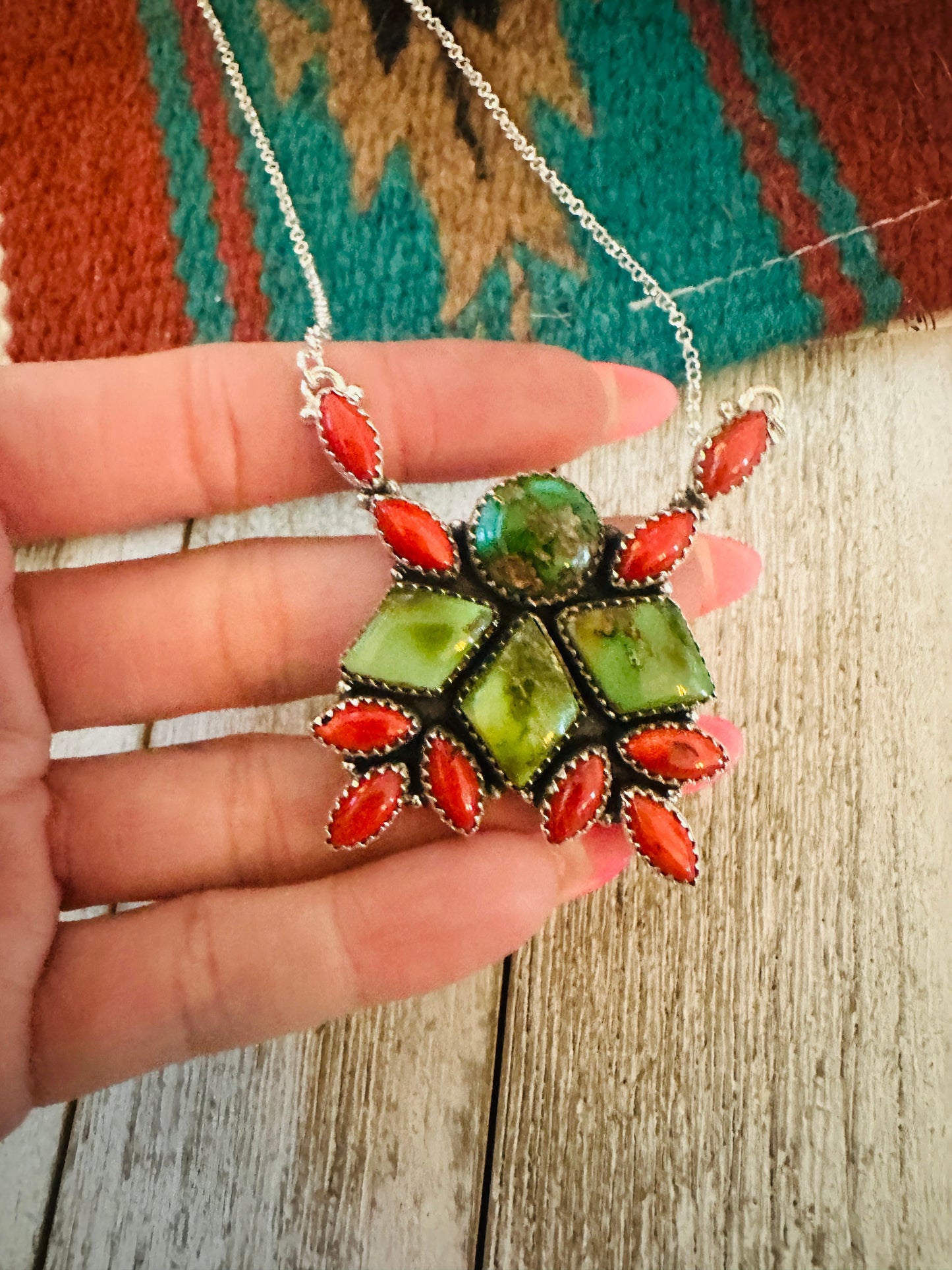 ** Christmas Collection ** Handmade Sterling Silver, Turquoise & Coral Necklace Signed Nizhoni
