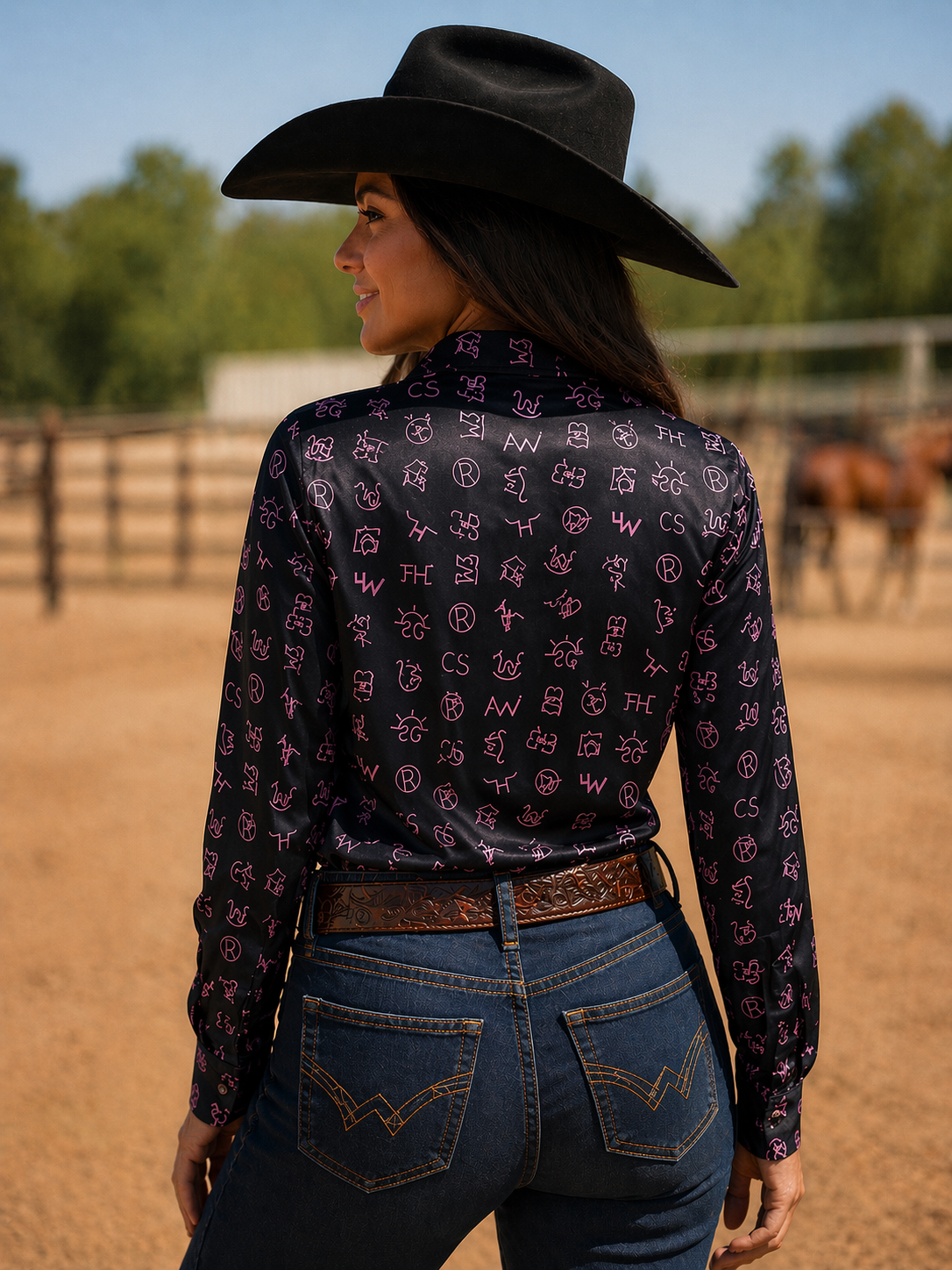 Neon Spur Brand Babe Lightweight Satin Button Up Rodeo Shirt Blouse
