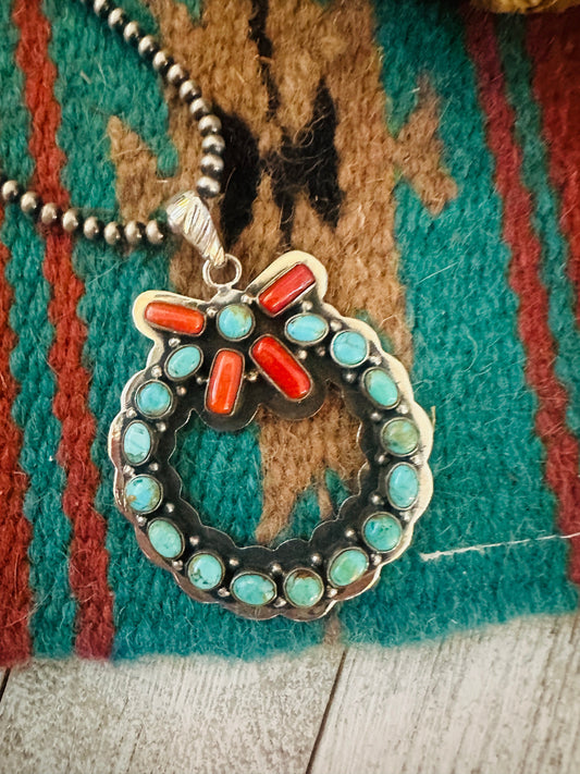 ** Christmas Collection ** Handmade Sterling Silver, Turquoise & Coral Wreath Pendant Signed Nizhoni