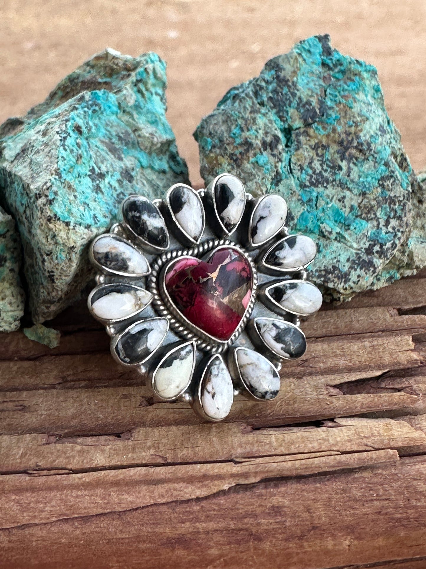 Beautiful Handmade Dahlia Rose And White Buffalo Sterling Silver Adjustable Heart  Ring