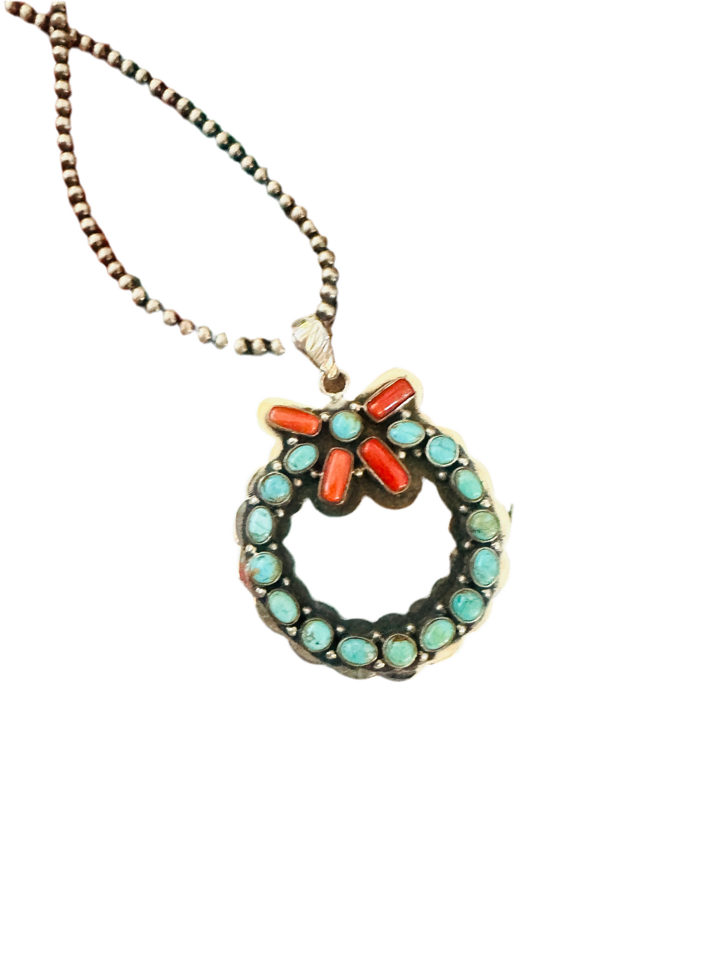 ** Christmas Collection ** Handmade Sterling Silver, Turquoise & Coral Wreath Pendant Signed Nizhoni