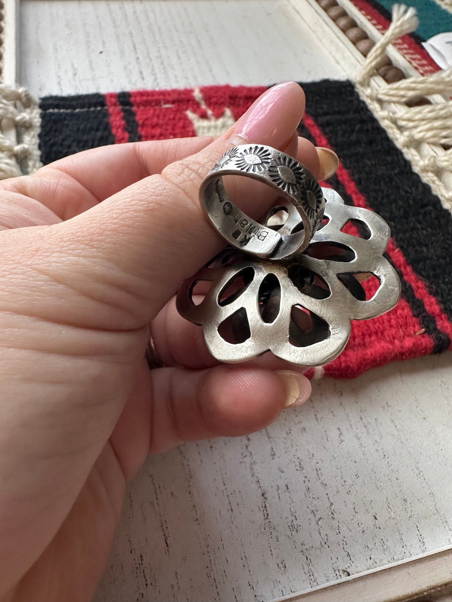 Gorgeous Handcrafted Turquoise And Sterling Silver Adjustable Flower Ring Signed K Billah