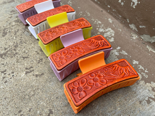 Floral Tooled Leather  Hair Claw Clips 3”