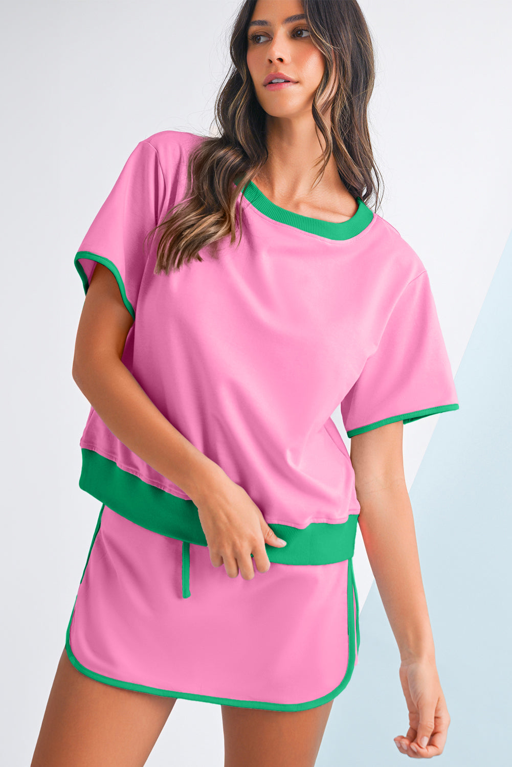 Luxury Colorblock Edge Drop Shoulder T Shirt and Skort Set