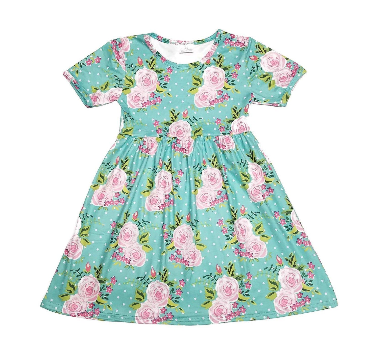 Teal Flower Short Sleeve Milk Silk Dress