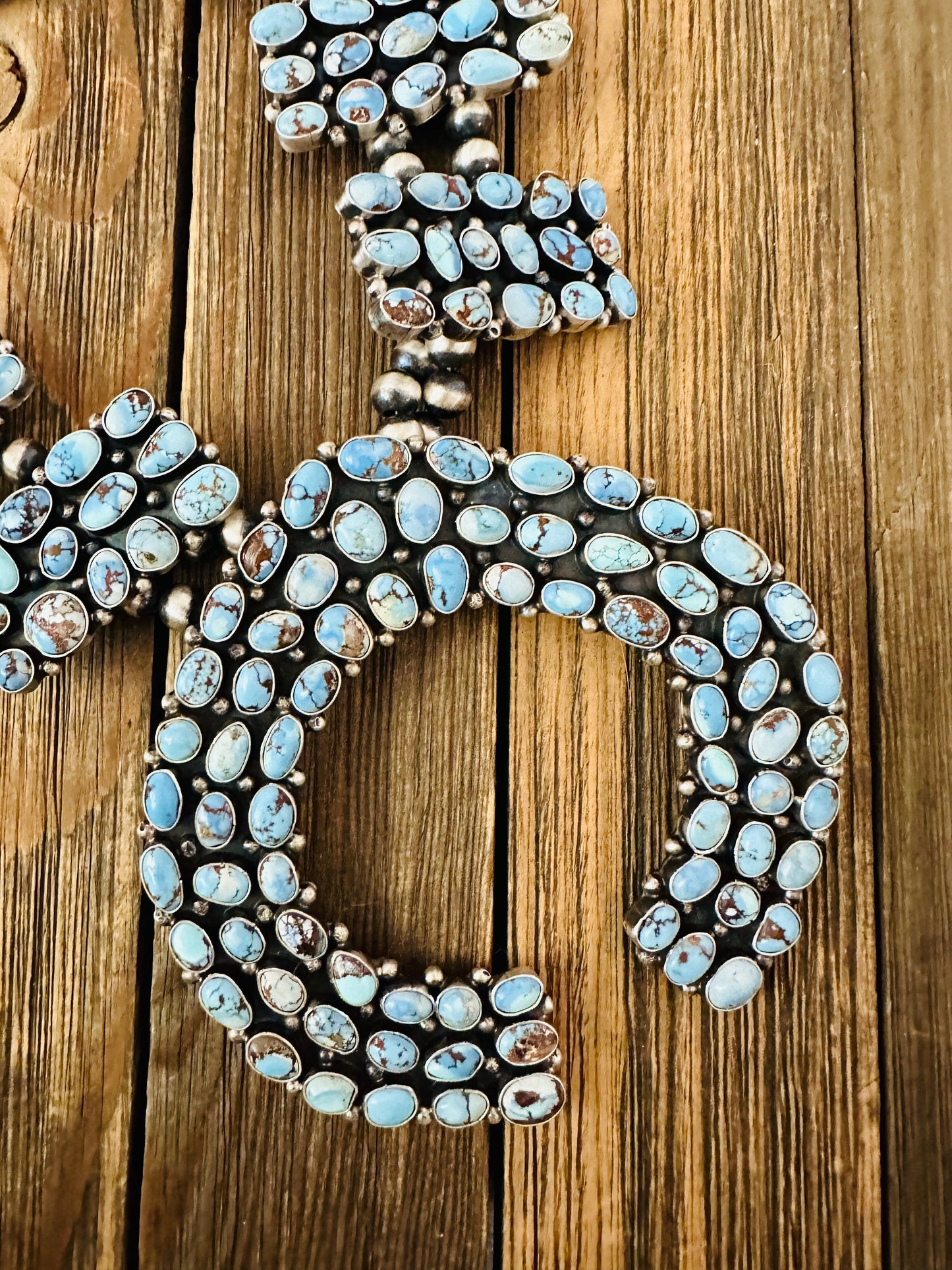 Handcrafted Golden Hills Turquoise & Sterling Silver Squash Blossom Necklace Set by B. Yellowhorse