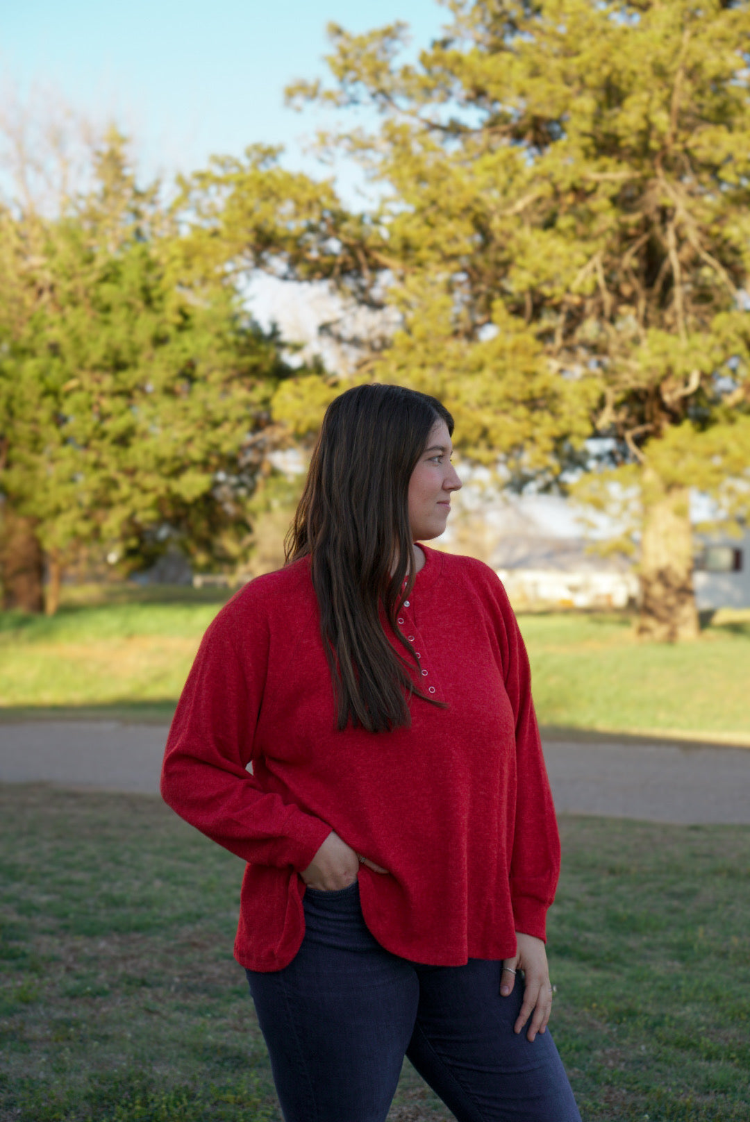 Dark Red - Plus Size - Melange Oversized 7 Button Top