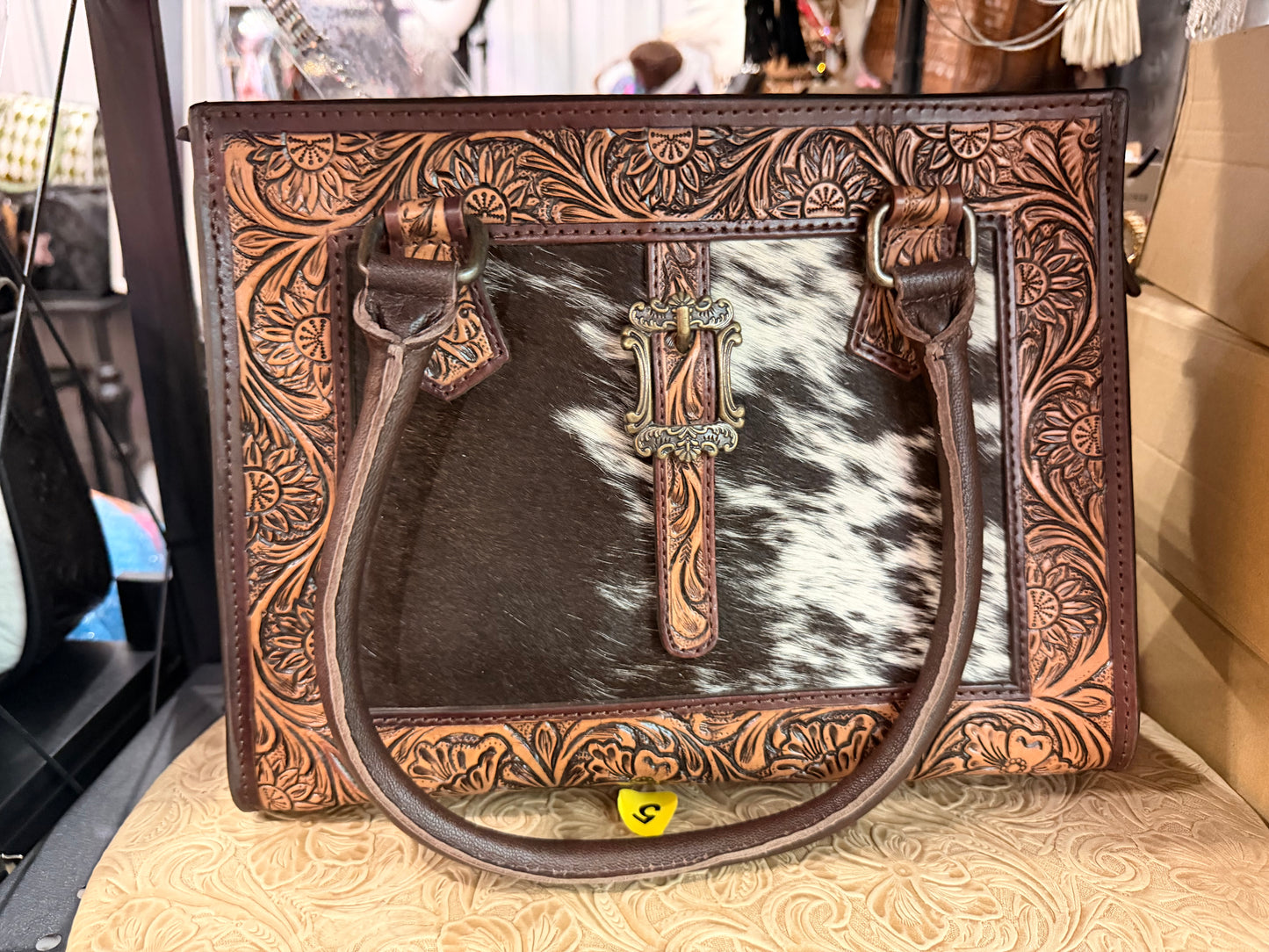 BROWN TOOLED LEATHER BUCKLE CROSSBODY BAG