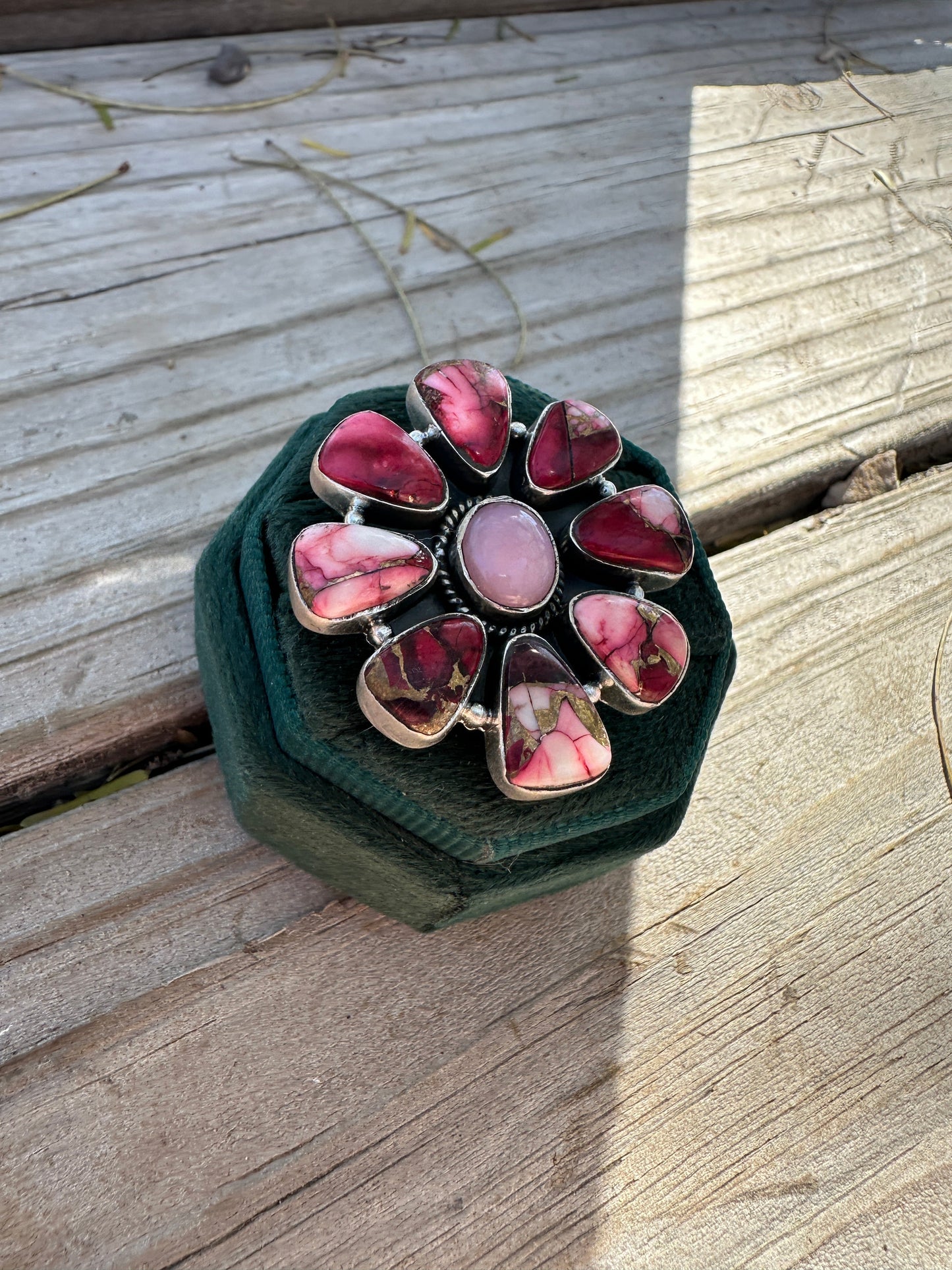 Beautiful Handmade Dahlia Rose, Pink Opal And Sterling Silver Adjustable Cluster Ring