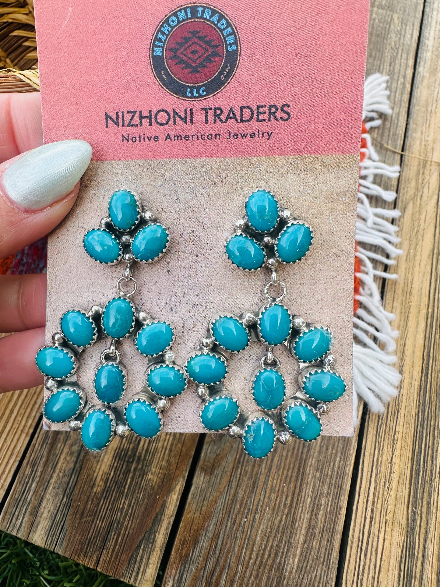 Handcrafted Emerald Valley Turquoise & Sterling Silver Cluster Dangle Earrings