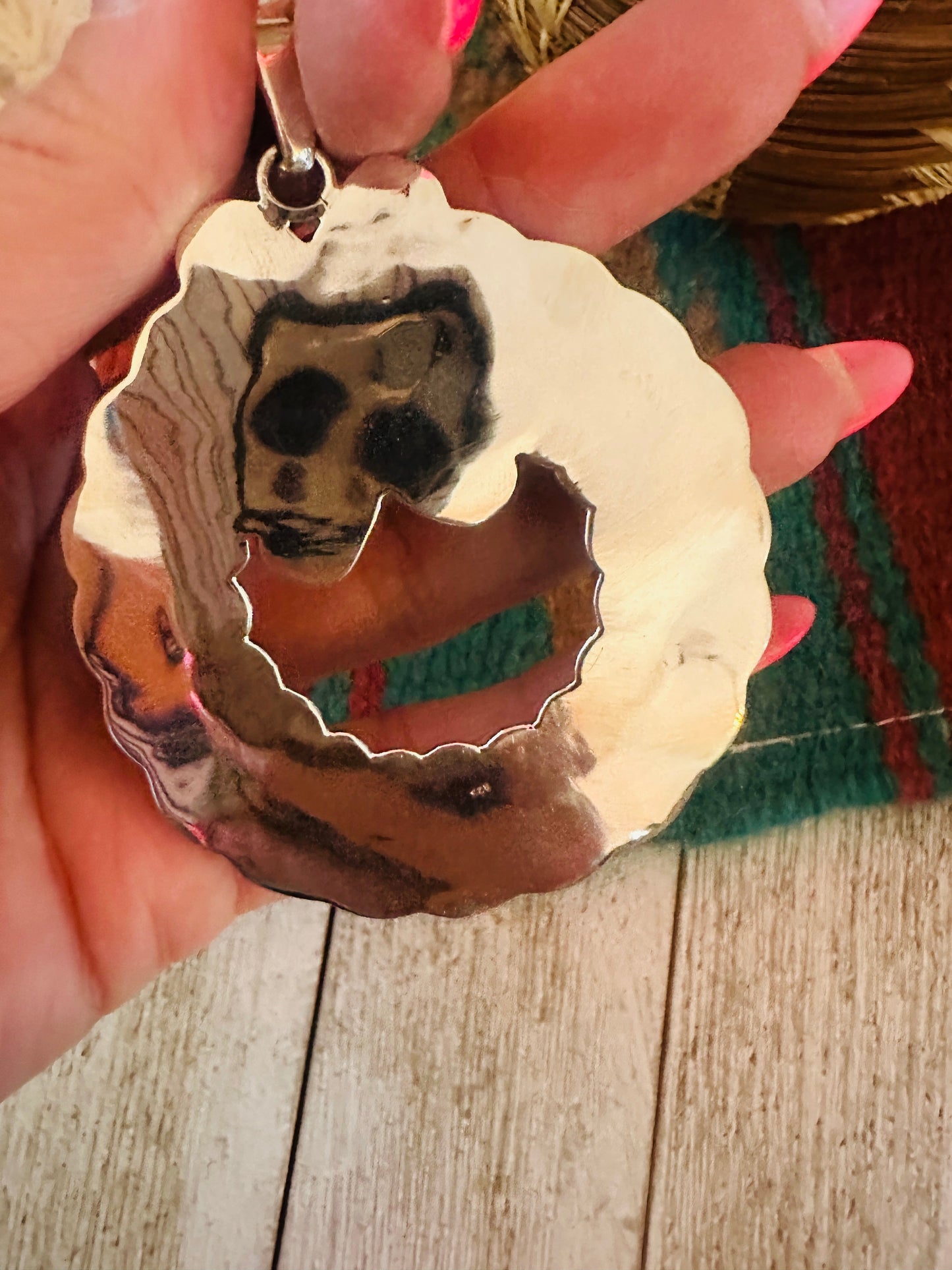 ** Christmas Collection ** Handmade Sterling Silver, Turquoise, Coral & CZ Wreath Pendant Signed Nizhoni