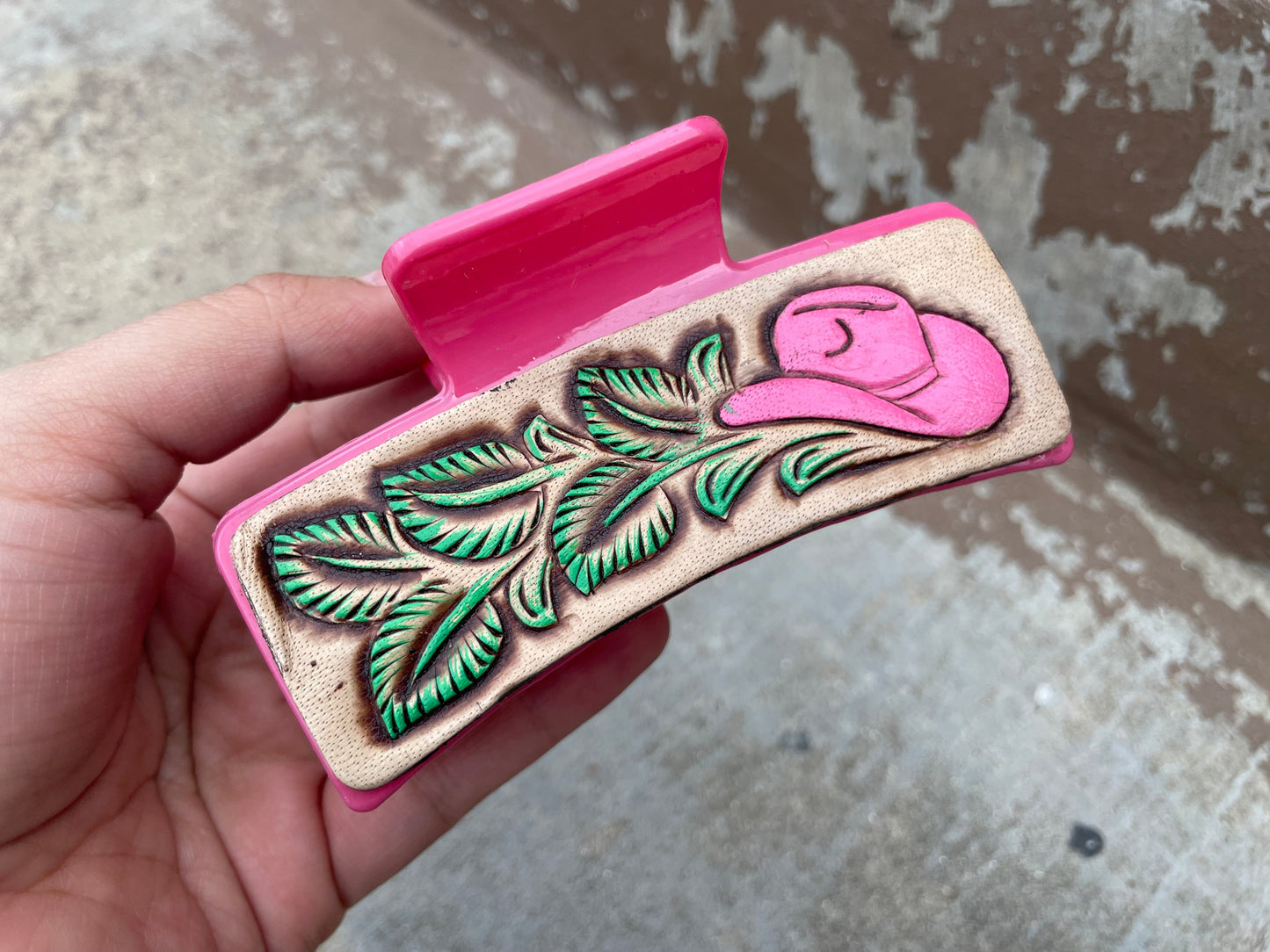 Pink Tooled Leather Hat Hair Claw Clips 4”