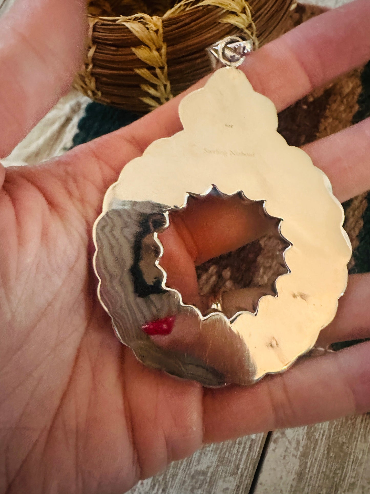 ** Christmas Collection ** Handmade Sterling Silver, Turquoise, Coral & CZ Wreath Pendant Signed Nizhoni