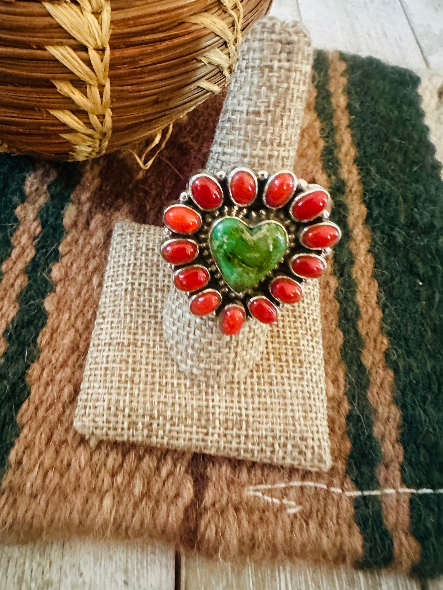 ** Christmas Collection ** Handmade Sterling Silver, Turquoise & Coral Adjustable Ring Signed Nizhoni