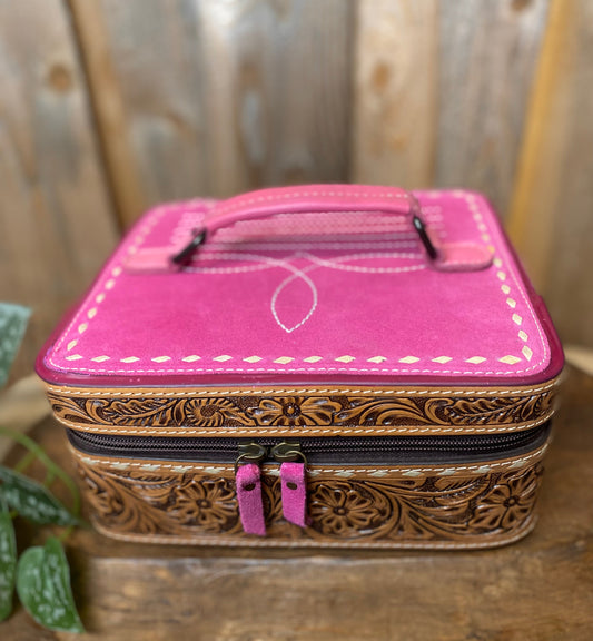 Pink BootStitch Suede Leather & Tooled Jewelry Box