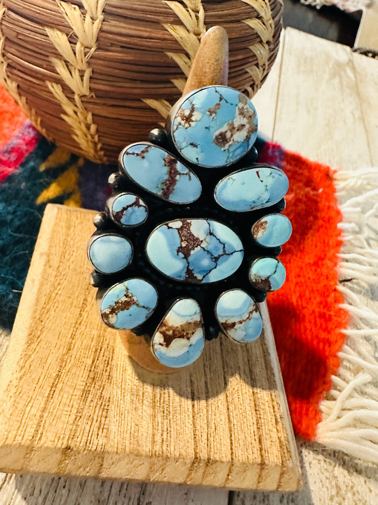 Handcrafted Golden Hills Turquoise & Sterling Silver Cluster Ring Size 7 by B. Yellowhorse