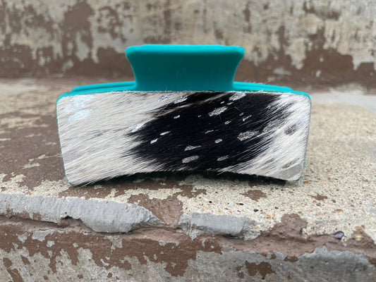 Silver Acid Wash Cowhide Turquoise Tooled Leather Hair Claw Clips 4”