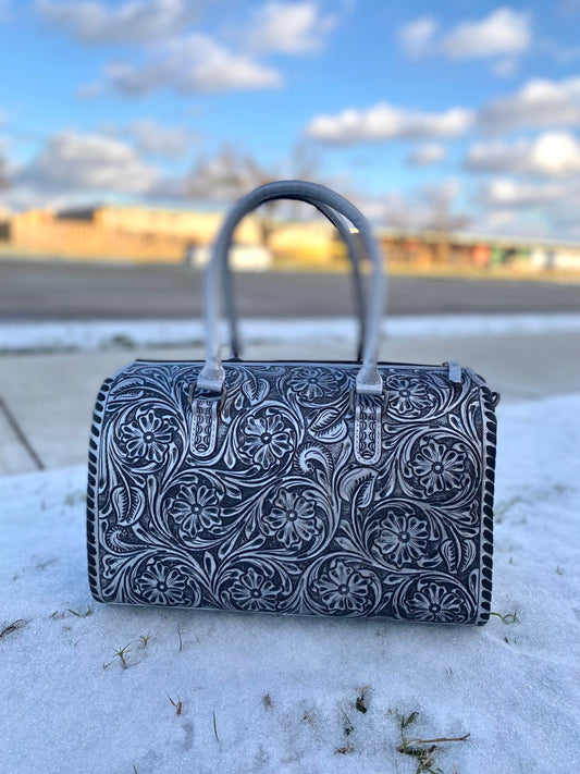 Large Silver Floral Tooled Leather Speedy Duffle Bag