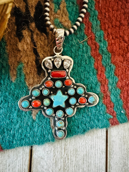 ** Christmas Collection ** Handmade Sterling Silver, Turquoise, Coral & CZ Pendant Signed Nizhoni