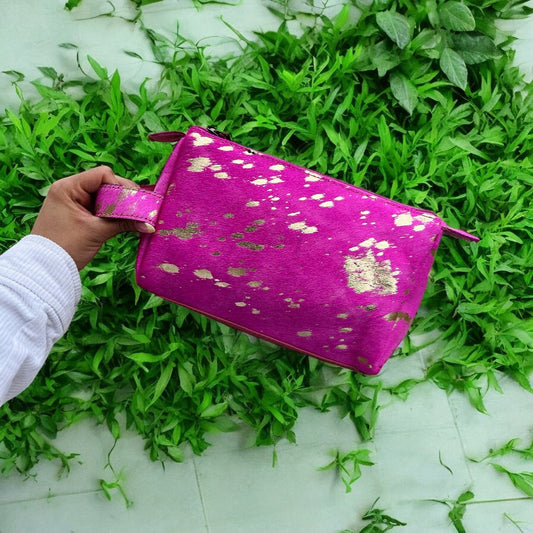 Hot pink cowhide acid wash toiletry bag