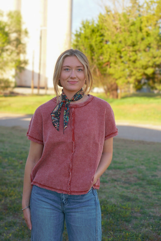 Rust - Washed Waffle Short Sleeve Top