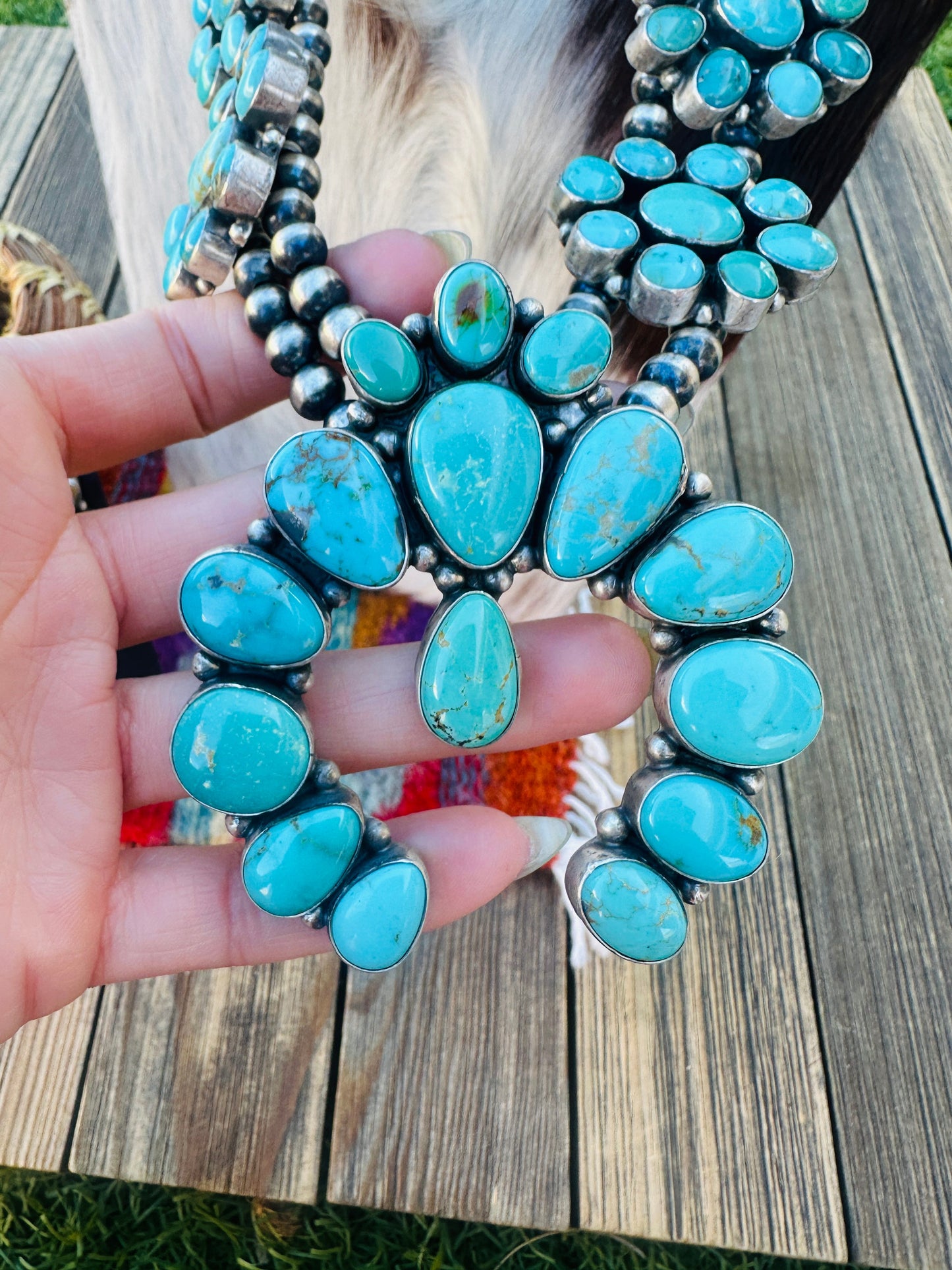 Handcrafted Turquoise & Sterling Silver Squash Blossom Necklace and Earring Set by Blaine Yellowhorse