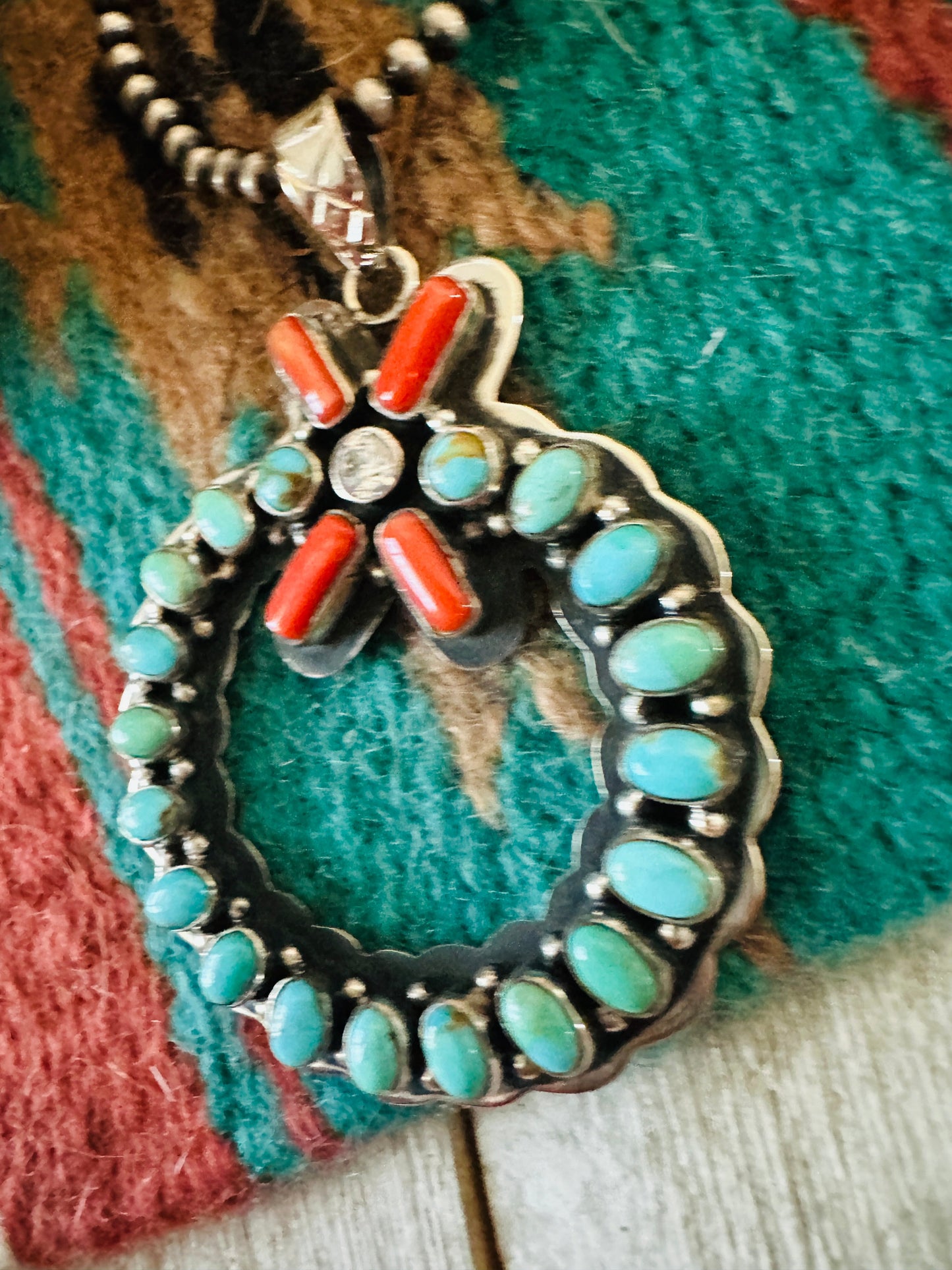 ** Christmas Collection ** Handmade Sterling Silver, Turquoise, Coral & CZ Wreath Pendant Signed Nizhoni