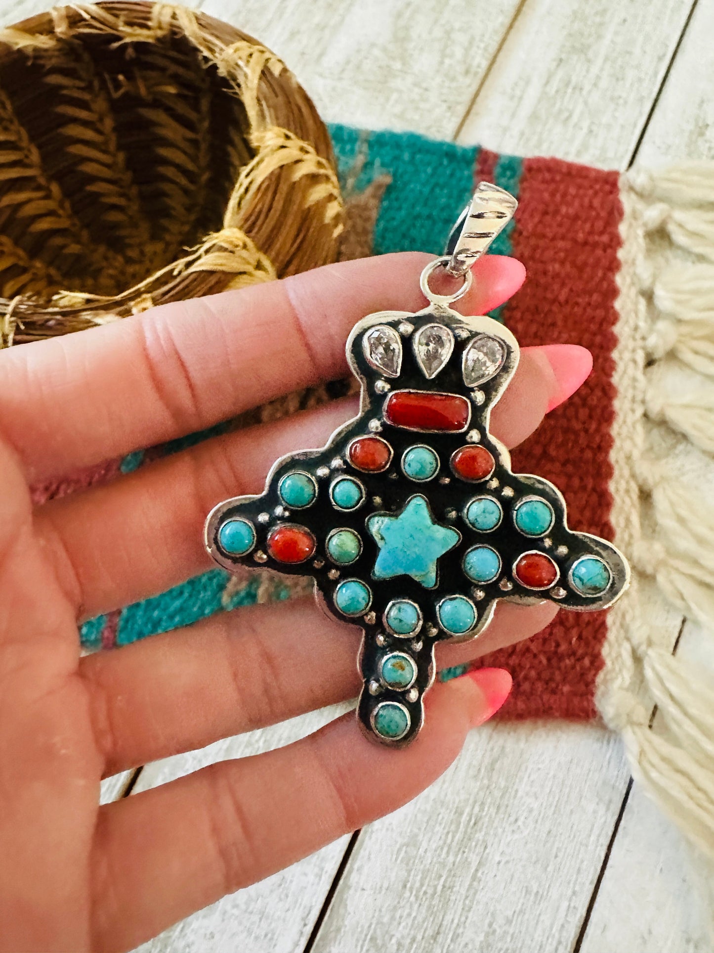 ** Christmas Collection ** Handmade Sterling Silver, Turquoise, Coral & CZ Pendant Signed Nizhoni