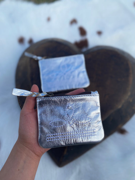 Silver Foil Leather BootStitch Coin Pouch