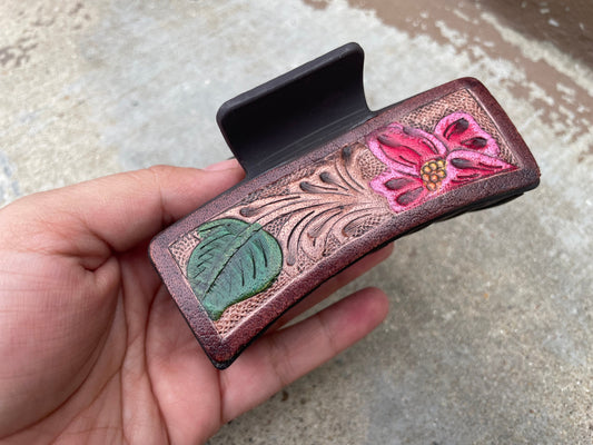 Brown Floral Tooled Leather Hair Claw Clips 4”