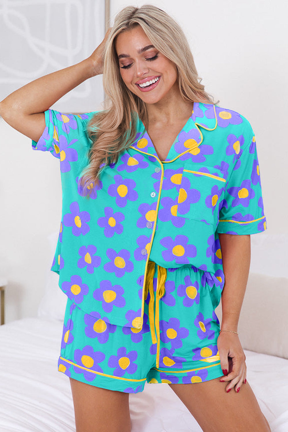 Luxury Flower Print Buttoned Shirt And Drawstring Waist Pajama Set
