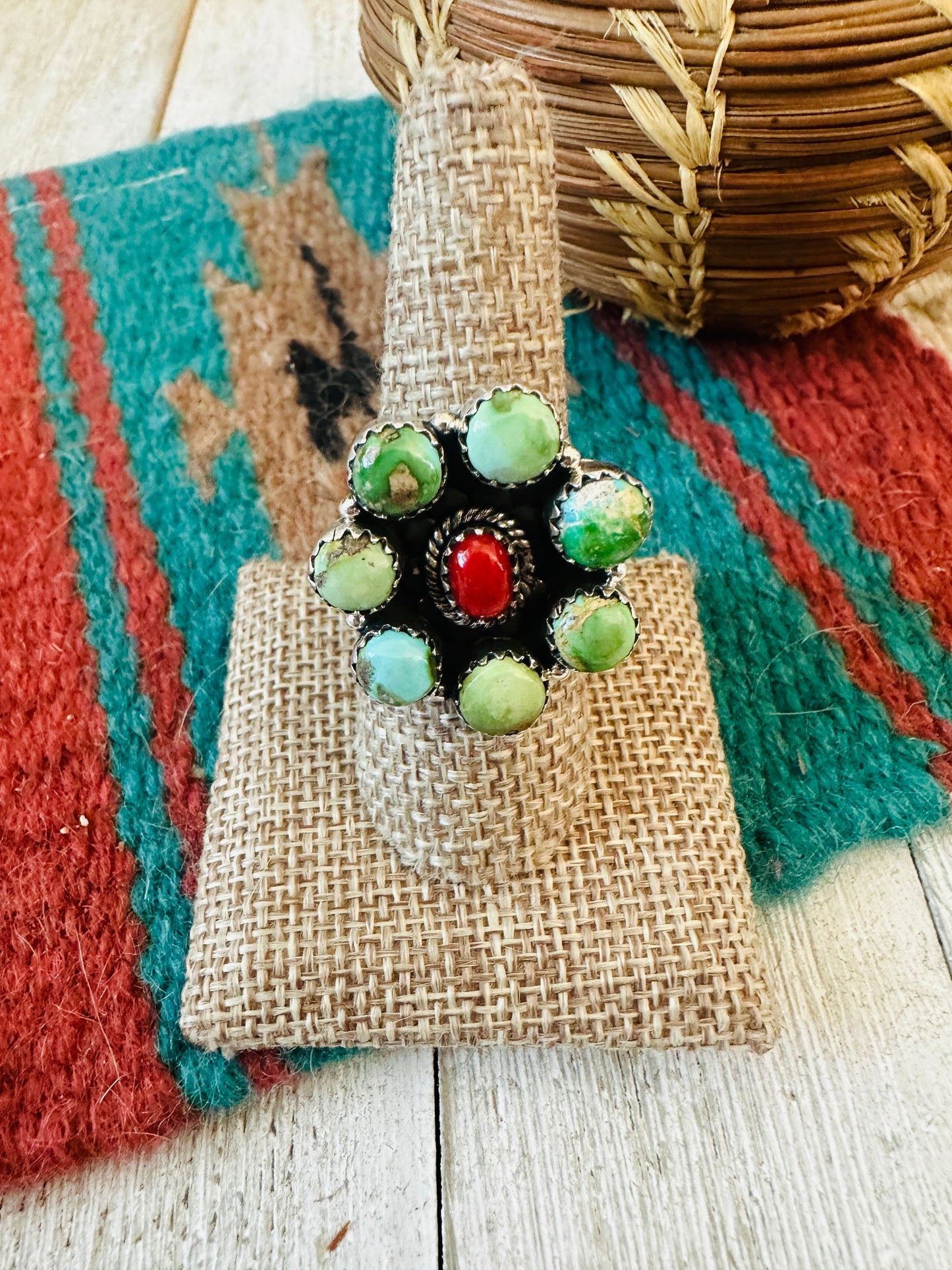 ** Christmas Collection ** Handmade Sterling Silver, Turquoise & Coral Adjustable Ring Signed Nizhoni