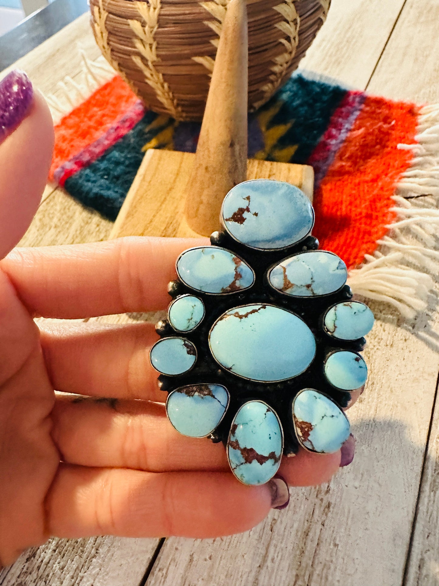 Handcrafted Golden Hills Turquoise & Sterling Silver Cluster Ring Size 8.25 by B. Yellowhorse