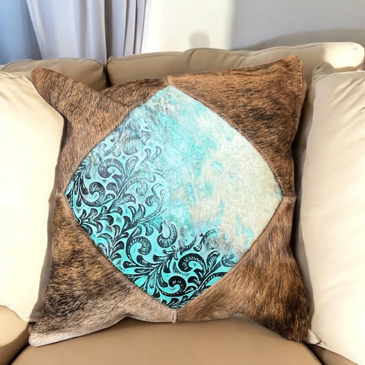 Brown cowhide & turquoise tooled pillow 16”