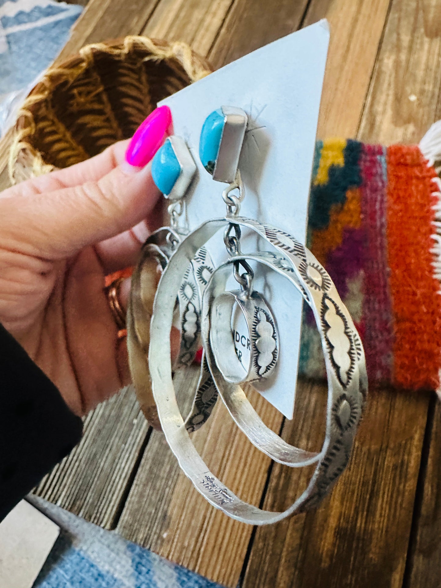 Handcrafted Turquoise & Sterling Silver Dangle Hoop Earrings by Leroy James