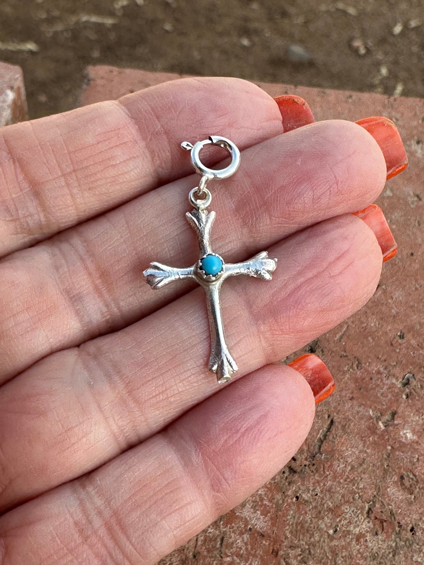 Handcrafted  Sterling Silver and Turquoise Hand Stamped Cross charm