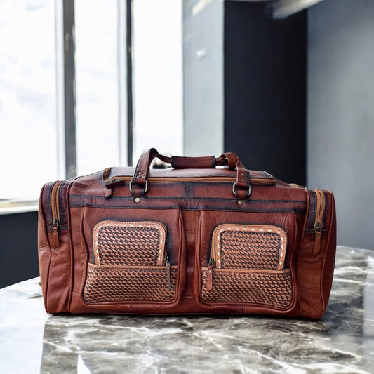 Basketweave tooled leather duffle bag