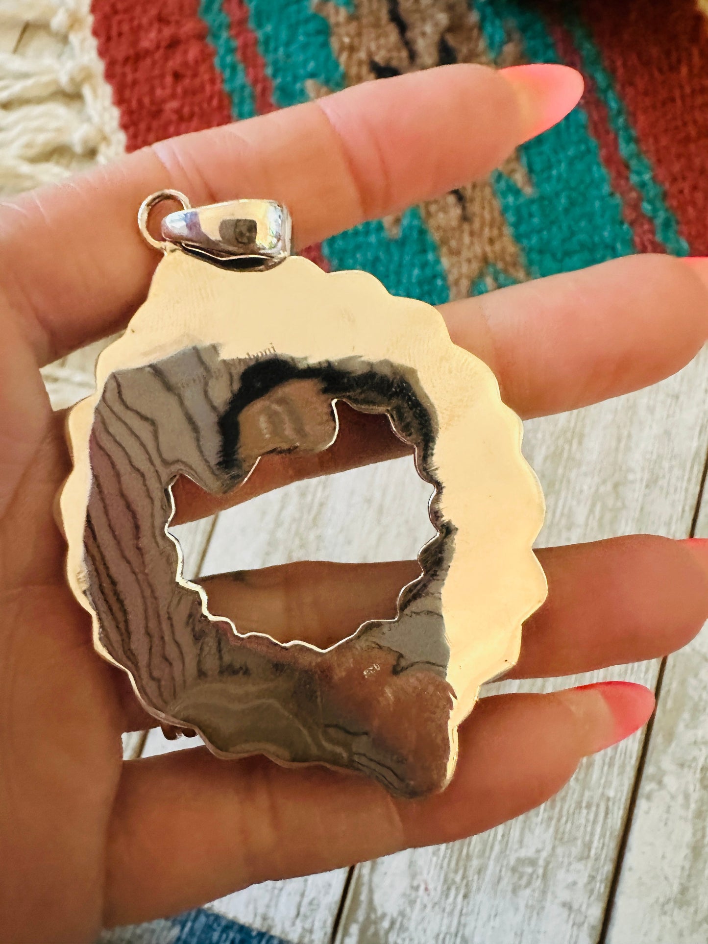 ** Christmas Collection ** Handmade Sterling Silver, Coral, Turquoise & CZ Wreath Pendant Signed Nizhoni