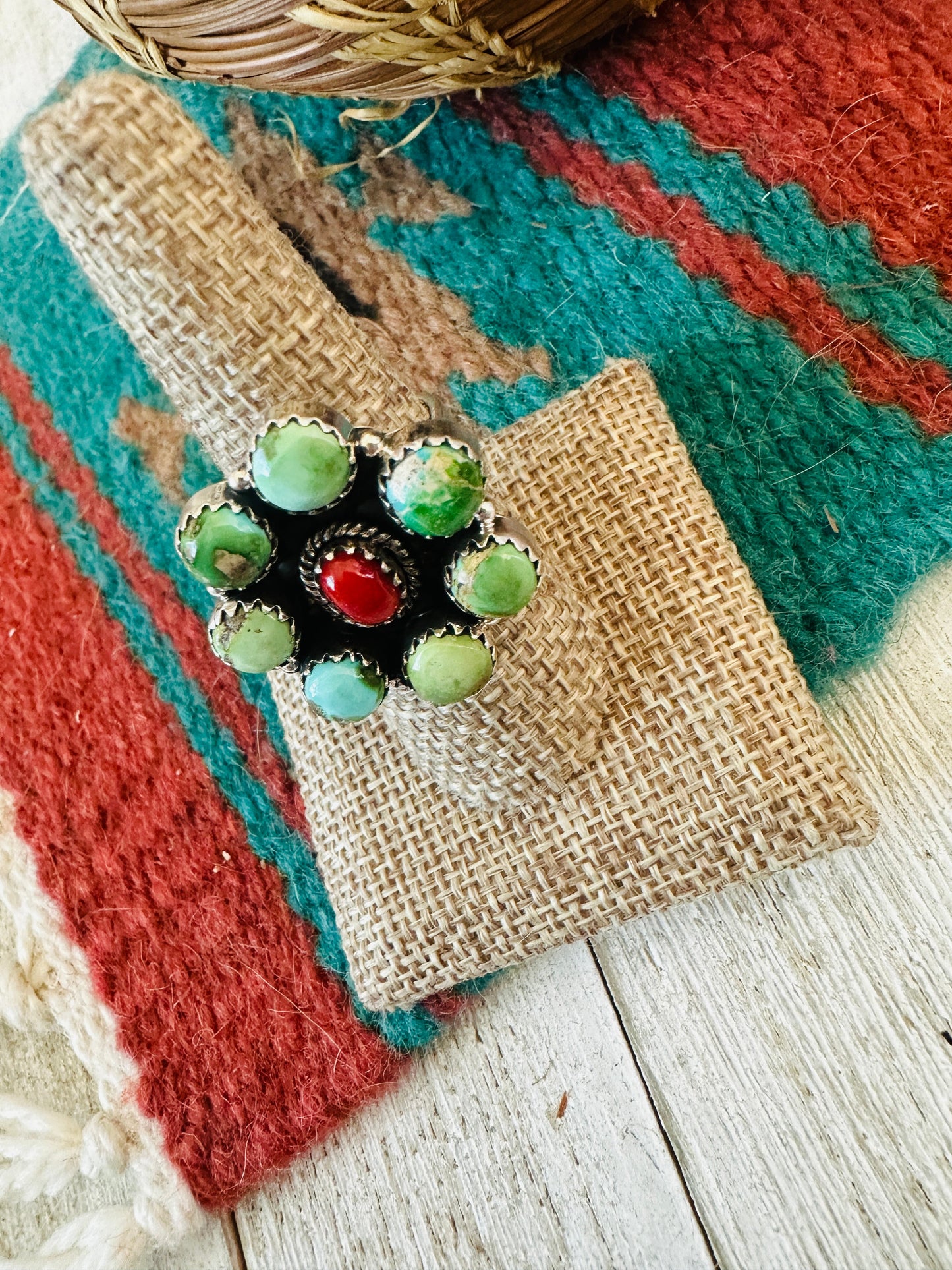 ** Christmas Collection ** Handmade Sterling Silver, Turquoise & Coral Adjustable Ring Signed Nizhoni