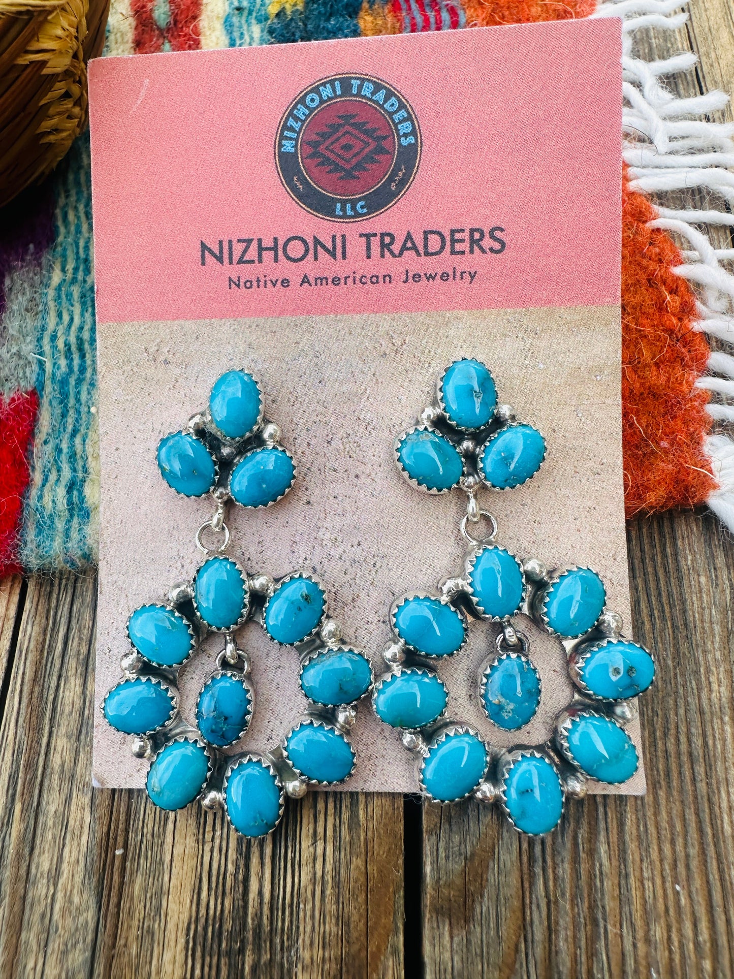 Handcrafted Blue Ridge Turquoise & Sterling Silver Cluster Dangle Earrings