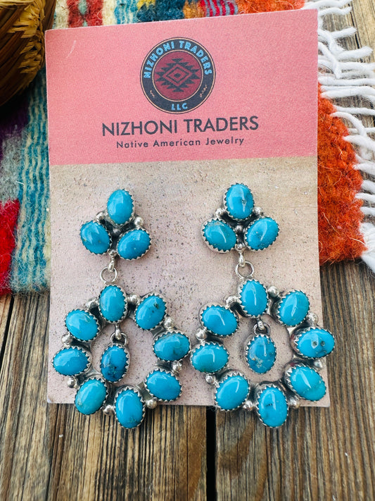 Handcrafted Blue Ridge Turquoise & Sterling Silver Cluster Dangle Earrings