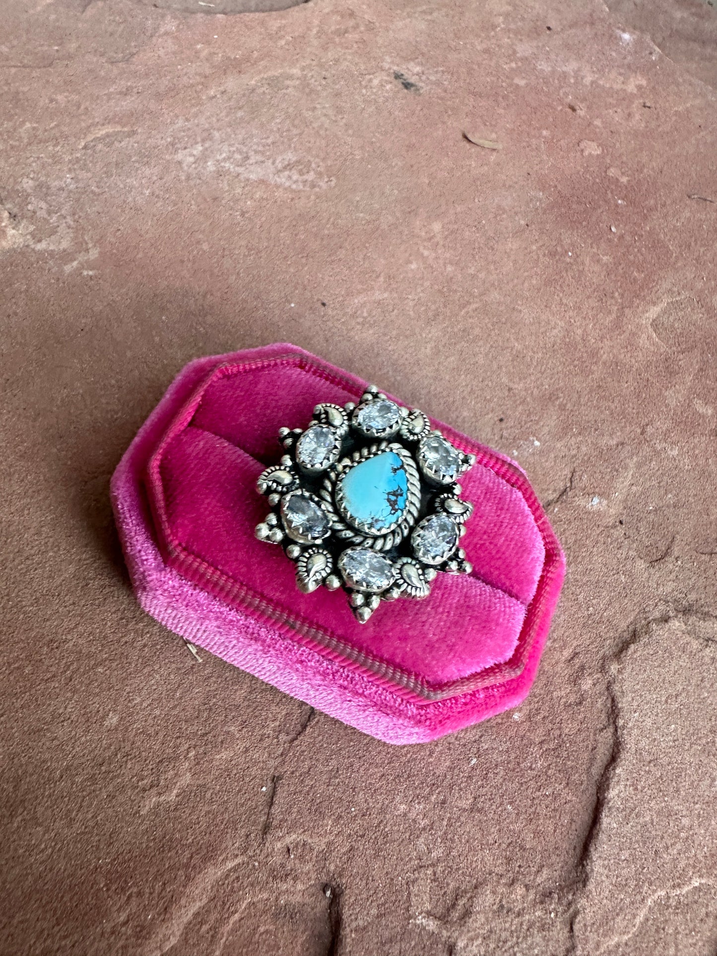 Beautiful Handmade Golden Hills Turquoise , CZ And Sterling Silver Adjustable Ring