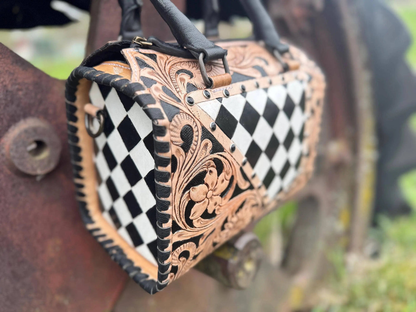 Luxe Tooled Leather Midnight Rhinestone Stud Checkered Speedy Bag
