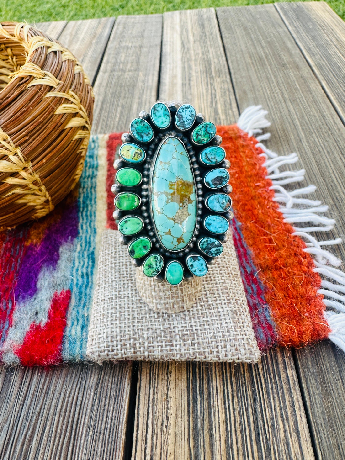 Handcrafted Kingman Turquoise & Sterling Silver Cluster Ring Size 8 by Blaine Yellowhorse