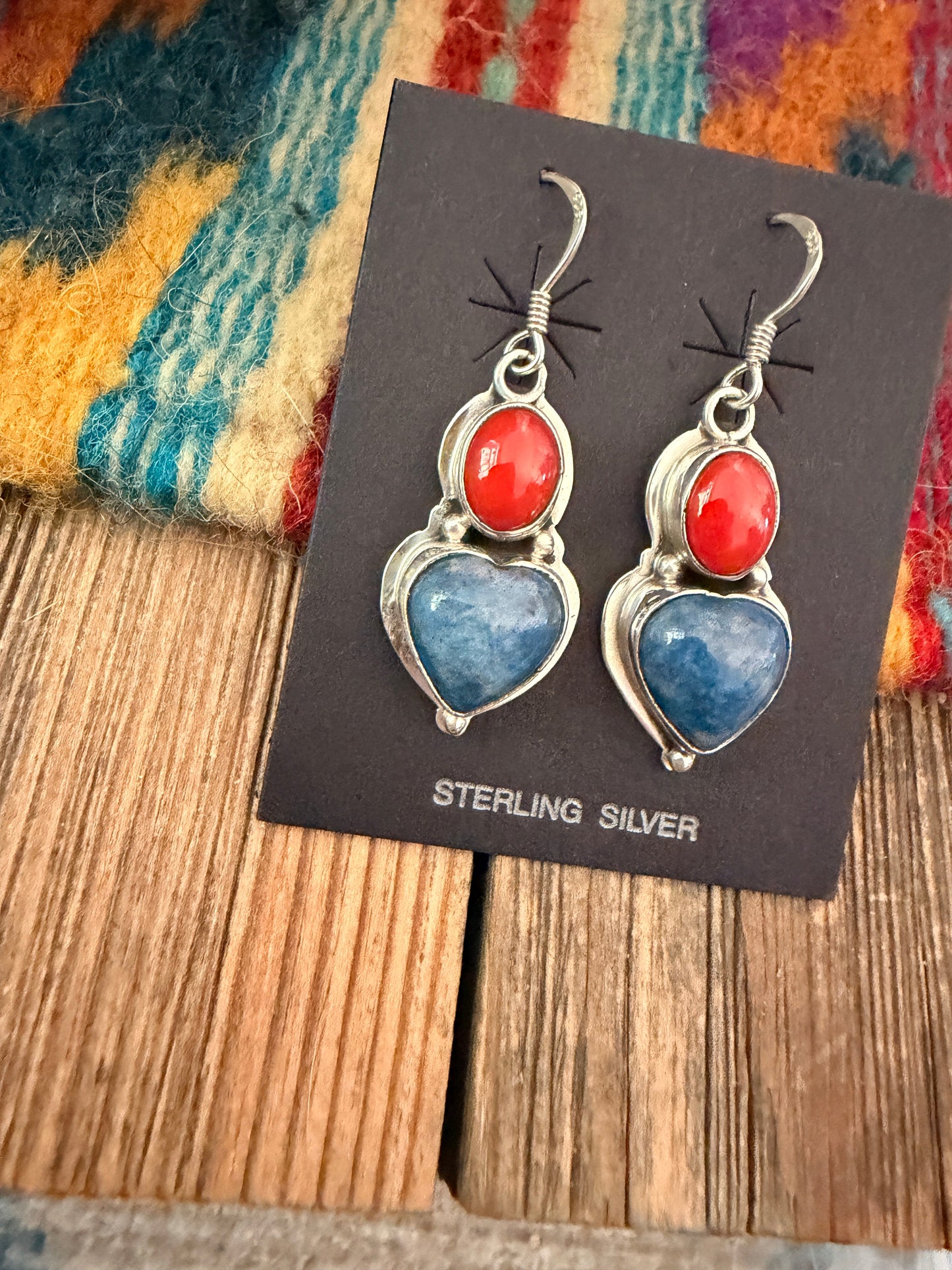 Handcrafted Lapis, Coral & Sterling Silver Heart Dangle Earrings