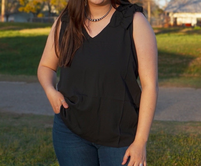 Black - Plus Size - Ruffle Trim Sleeveless Top