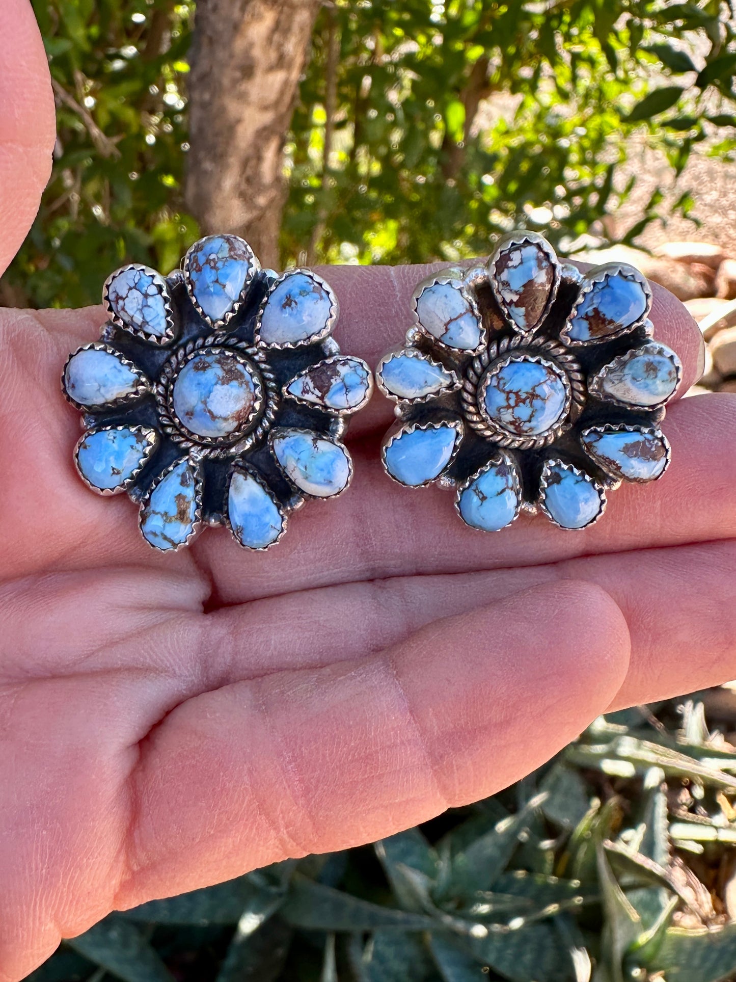 Handmade Golden Hills Turquoise & Sterling Silver Cluster Post Earrings 9 stone