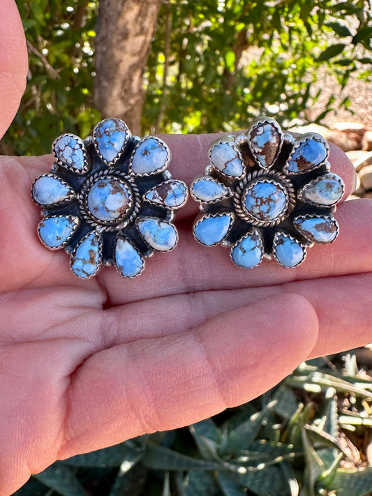 Handmade Golden Hills Turquoise & Sterling Silver Cluster Post Earrings 9 stone